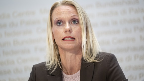 Nationalraetin Lilian Studer, EVP-AG, spricht an einer Medienkonferenz von der Allianz fuer die Umsetzung der OECD-Mindeststeuer, am Donnerstag, 11. Mai 2023 in Bern. (KEYSTONE/Anthony Anex)