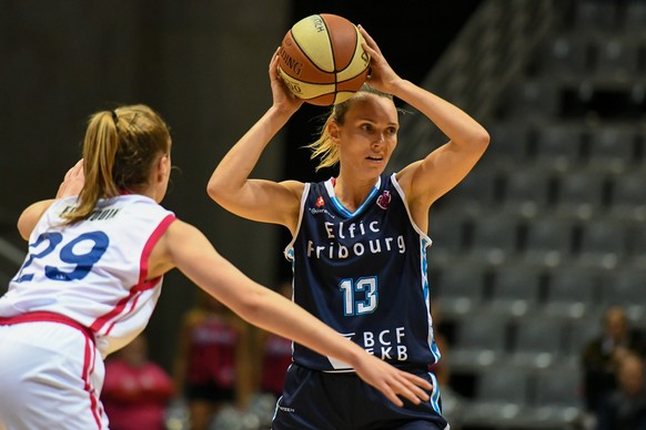 BCF Elfic Fribourg Giroud Marielle 13 pictured in action during a basketball match between VOO Liege Panthers and BCF Elfic Fribourg, on the gameday 2, group J of the EuroCup Women, Wednesday 23 Octob ...