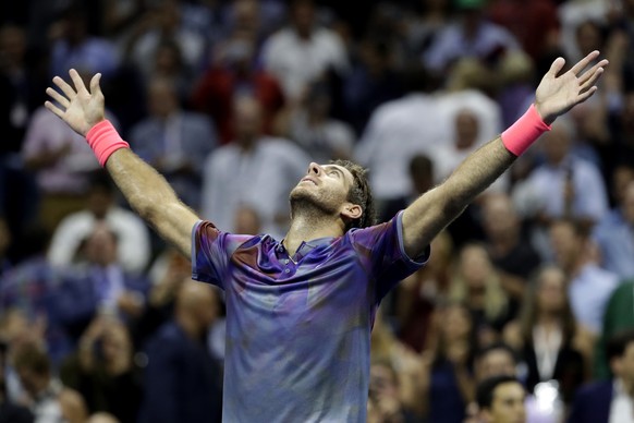 Juan Martin del Potro, of Argentina, reacts after defeating Roger Federer, of Switzerland, during the quarterfinals of the U.S. Open tennis tournament, Wednesday, Sept. 6, 2017, in New York. (AP Photo ...