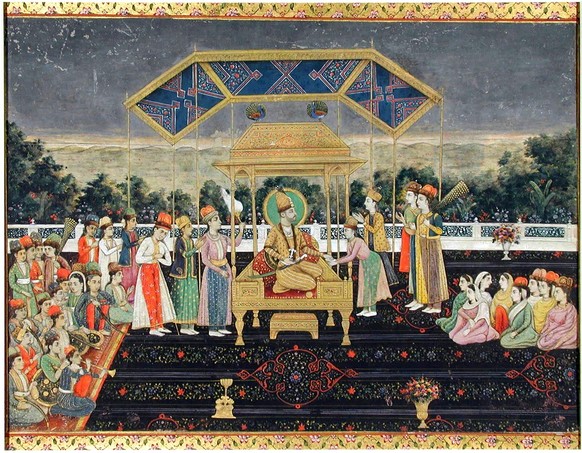 Nader Shah seated on the Peacock Throne after the defeat of the 13th Mughal emperor Muhammad Shah
Nader Shah sitzt nach der Niederlage des 13. Mogulkaisers Muhammad Shah auf dem Pfauenthron. 
https:// ...