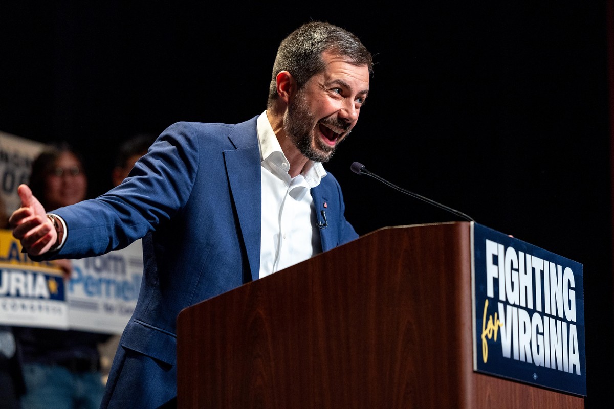 Former transportation secretary Pete Buttigieg speaks during a campaign rally, Monday, Oct. 19, 2026, in Henrico, Va. (AP Photo/Mike Kropf)
Election 2026 Virginia