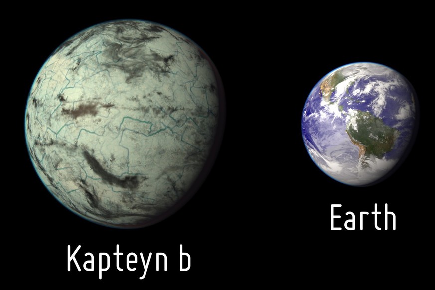Kapteyn b im Vergleich zur Erde. Kapteyn b wird hier dargestellt als kalter Ozeanplanet mit einem Netz von Kanälen unter einer dünnen Wolkendecke.
