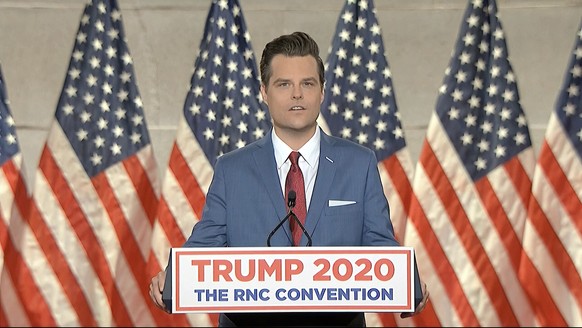 In this image from video, Rep. Matt Gaetz, R-Fla., speaks from Washington, during the first night of the Republican National Convention Monday, Aug. 24, 2020.(Courtesy of the Committee on Arrangements ...
