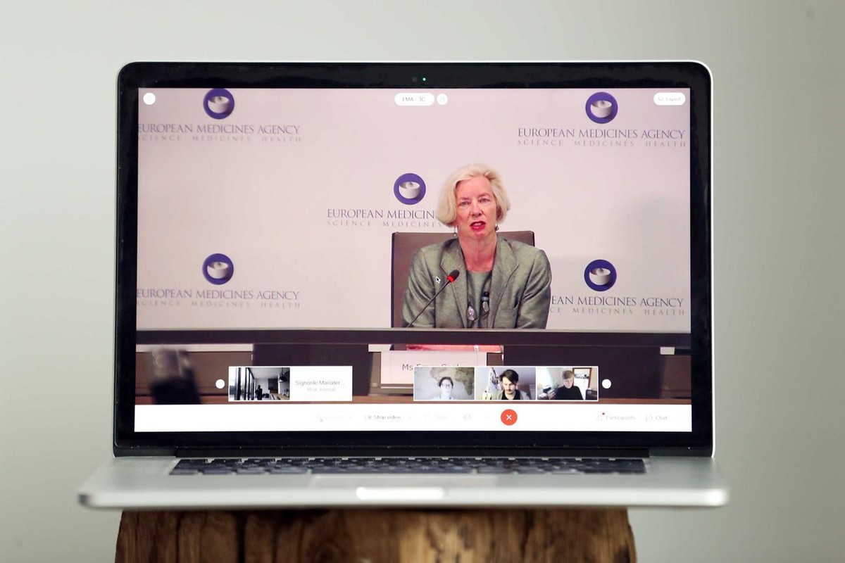 epa09082250 Emer Cooke, fourth Executive Director of European Medicines Agency (EMA), explains their conclusion on possible rare side effects of AstraZeneca's coronavirus vaccine during an online ...