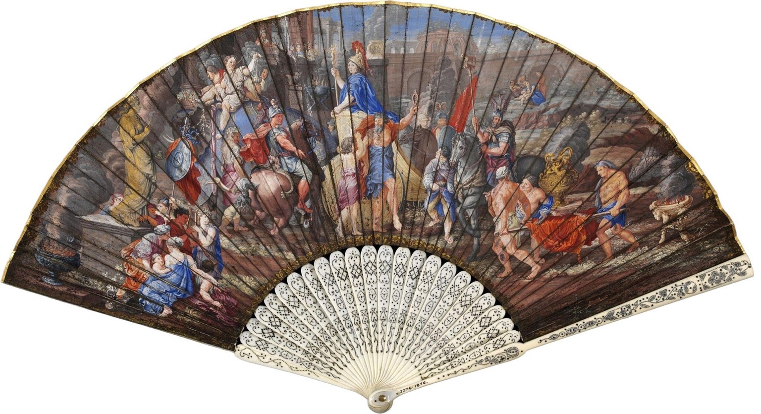 «Der Triumph Alexanders des Grossen» auf einem italienischen Fächer, der zwischen 1690 und 1700 für den französischen Hof produziert worden ist. Die Szene ist einer Serie von fünf Gemälden entnommen,  ...