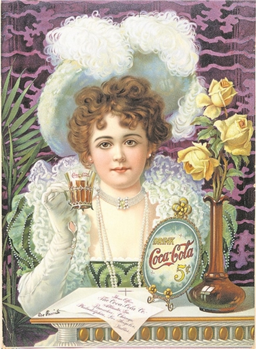 1900: Der heute unverwechselbare Schriftzug wird erfunden. Das Werbeplakat gleicht einem Jugendstilgemälde. Das Getränk kostet fünf Cent pro Glas.