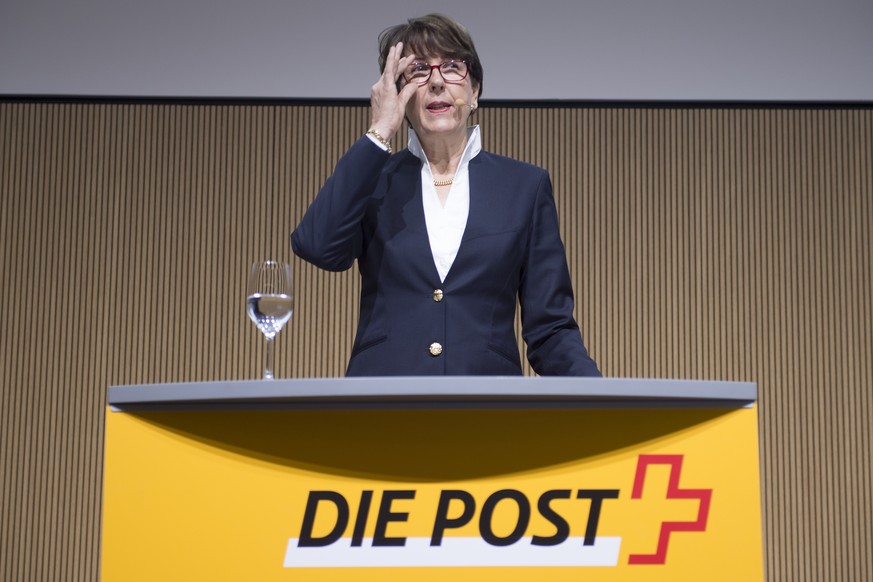 ARCHIVBILD ZUM RUECKTRITT VON POST CEO SUSANNE RUOFF, AM SONNTAG, 10. JUNI 2018 - Susanne Ruoff, Konzernleiterin Die Post, spricht waehrend der Bilanzmedienkonferenz, am Donnerstag 10. Maerz 2016 in B ...