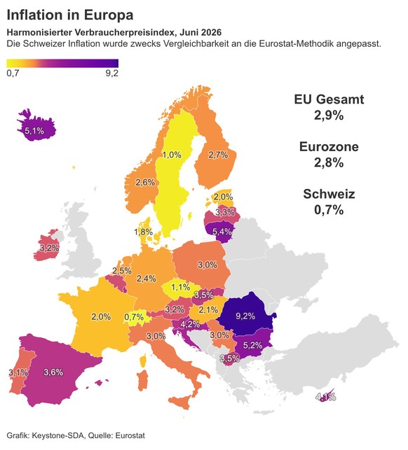 GRAFIK --- Harmonisierter Verbraucherpreisindex im Juni 2026. Diese Infografik wurde automatisiert vom Schreibroboter Lena erstellt. (KEYSTONE/Lena)
