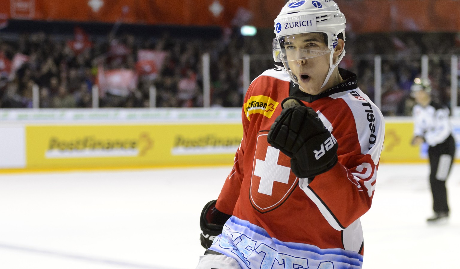 Switzerland&#039;s Reto Suri celebrates his goal during a friendly ice hockey game between Switzerland and Russia, at the ice stadium Les Melezes, in La Chaux-de-Fonds, Switzerland, Friday, April 10,  ...