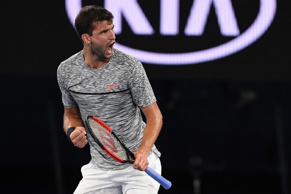 epa05738582 Grigor Dimitrov of Bulgaria reacts during his Men&#039;s Singles third round match against Richard Gasquet of France at the Australian Open Grand Slam tennis tournament in Melbourne, Victo ...