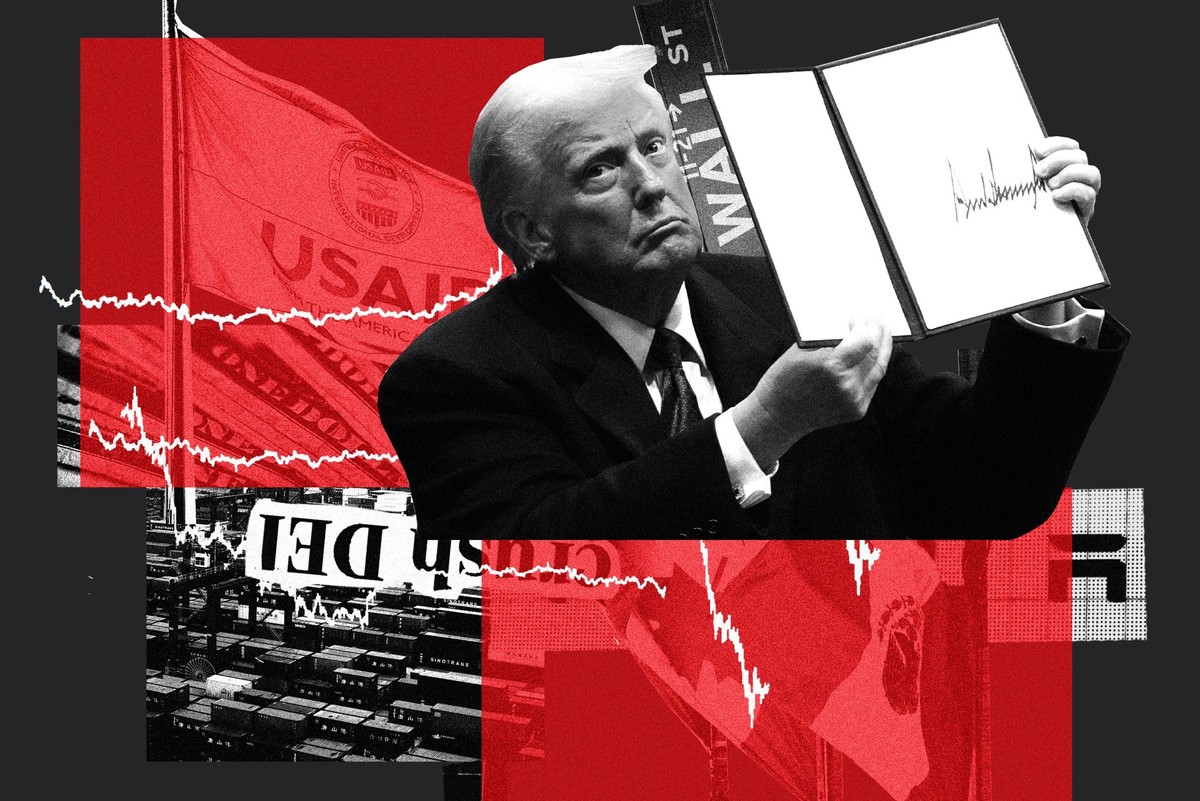 Trumps Wirtschaftspolitik, Chaos oder Plan. Donald Trump zeigt eine unterzeichnete Verordnung. Im Hintergrund eine Collage aus einer USAID Flagge, Dollarnoten, Tesla Logo, Wallstreet Strassenschild, M ...
