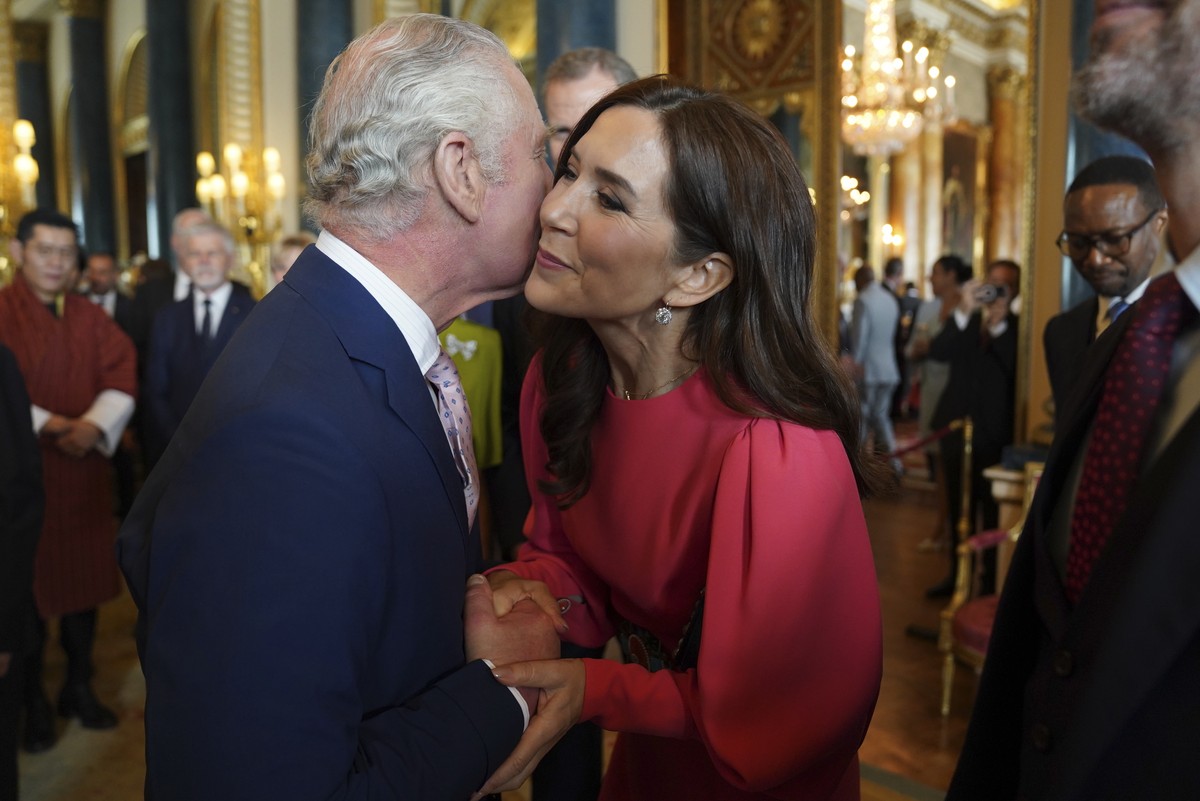 Britain's King Charles III greets Mary, Crown Princess of Denmark during a reception at Buckingham Palace in London Friday May 5, 2023, for a reception hosted by Britain's King Charles III,  ...