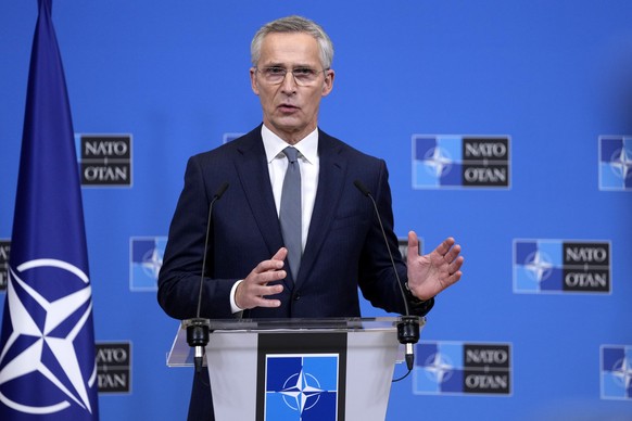 NATO Secretary General Jens Stoltenberg addresses a media conference at NATO headquarters in Brussels, Wednesday, February 7, 2024. (AP Photo/Virginia Mayo)