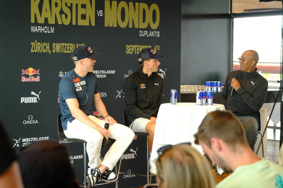 From left Karsten Warholm, Armand Duplantis and Colin Jackson during the Special Event press conference, PK, Pressekonferenz at Stadium Letzigrund . Weltklasse, Z�rich 2024 press conference at Restaur ...