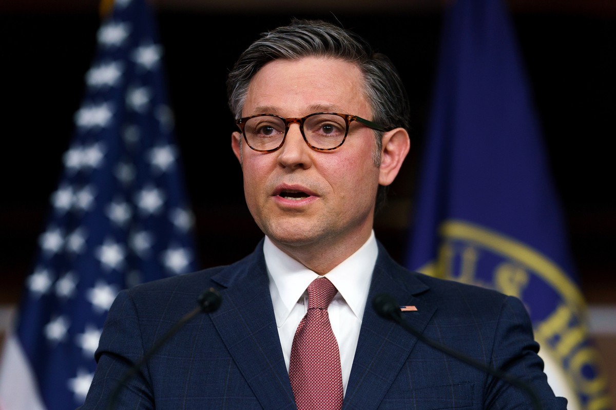 epa11231623 US Speaker of the House Mike Johnson addresses a press conference at the US Capitol in Washington, DC, USA, 20 March 2024. Congress faces a funding deadline on 22 March to avert partial fe ...
