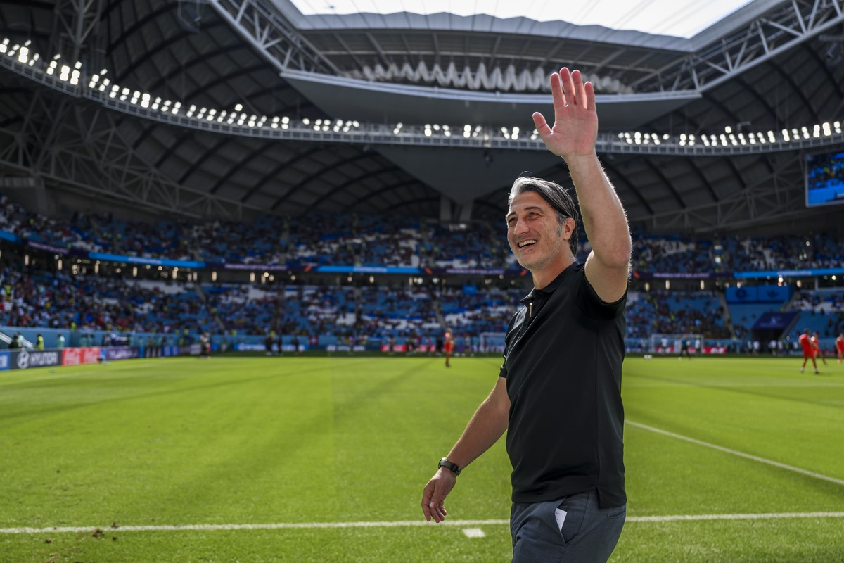 Switzerland's head coach Murat Yakin reacts during the FIFA World Cup Qatar 2022 group G soccer match between Switzerland and Cameroon at the Al-Janoub Stadium in Al-Wakrah, south of Doha, Qatar, ...