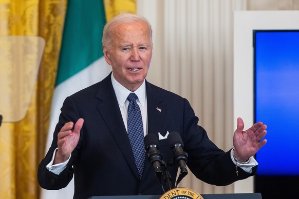 epa11663395 US President Joe Biden delivers remarks at an Italian American Heritage Month reception in the East Room of the White House in Washington, DC, USA, 16 October 2024. First Lady Dr. Jill Bid ...