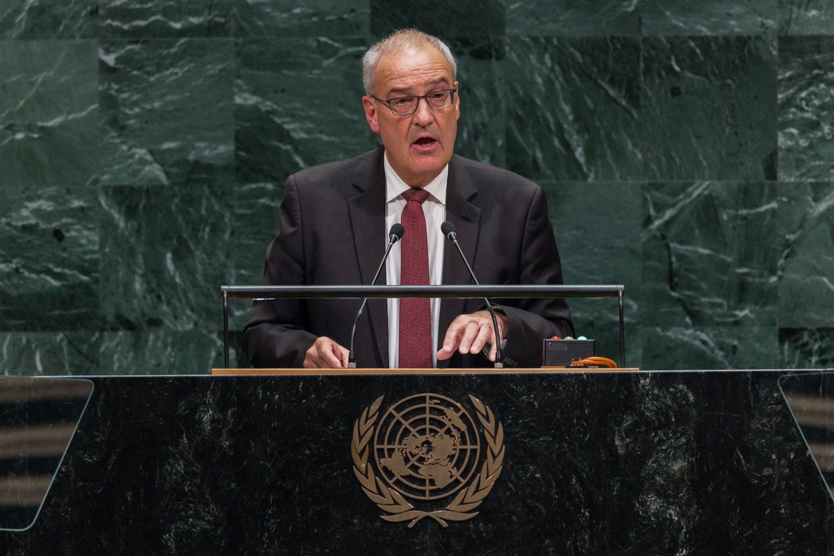 epa13256741 President of the Swiss Confederation Guy Parmelin speaks during the General Debate of the 81st session of the United Nations General Assembly at United Nations Headquarters in New York, Ne ...
