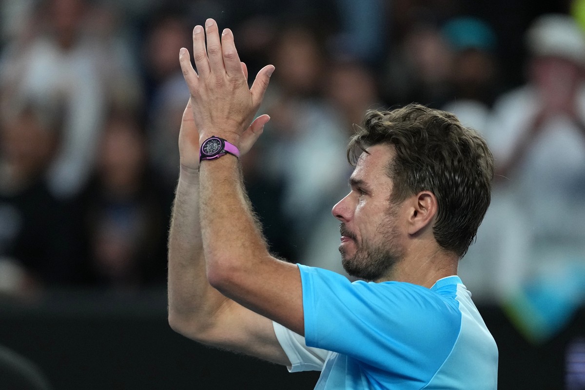 Stan Wawrinka of Switzerland celebrates after defeating Arthur Gea of France in their second round match at the Australian Open tennis championship in Melbourne, Australia, Thursday, Jan. 22, 2026. (A ...
