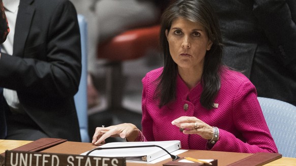 U.S. Ambassador to the United Nations Nikki Haley arrives for a Security Council meeting on the situation Britain and Russia, Wednesday, April 18, 2018 at United Nations headquarters. (AP Photo/Mary A ...