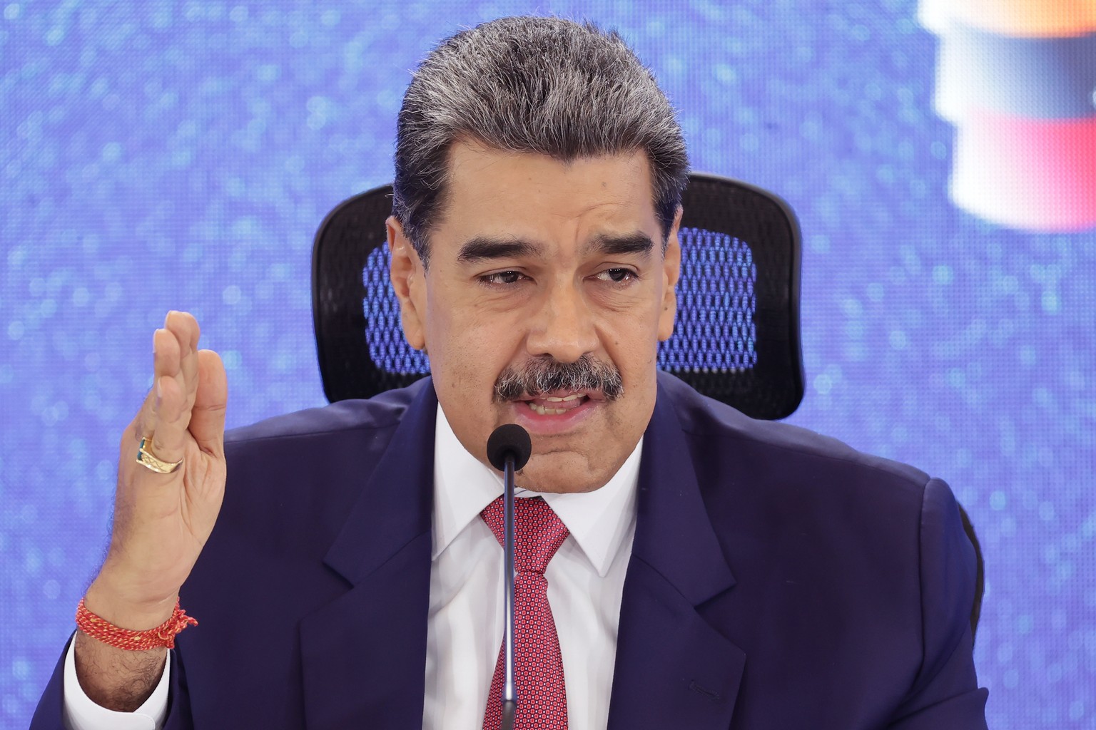 epa12381161 Venezuelan President Nicolas Maduro speaks during a press conference in Caracas, Venezuela, 15 September 2025. Maduro stated that his country is exercising its legitimate right to defense  ...