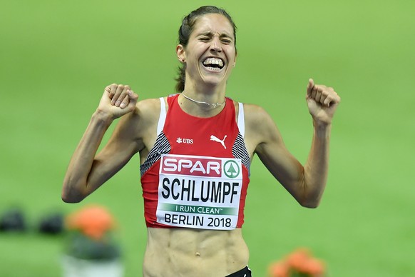 ARCHIVBILD ZUM KEYSTONE-SDA-PREMIUMTEXT ZU FABIENNE SCHLUMPF --- Switzerland&#039;s Fabienne Schlumpf celebrates after win the silver medal in the 3000 steeplechase women final at the 2018 European At ...
