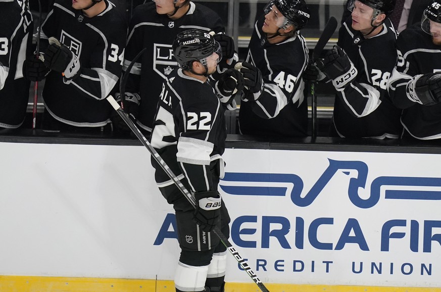 Los Angeles Kings left wing Kevin Fiala (22) celebrates with teammates after scoring against the Vegas Golden Knights during the first period of an NHL preseason hockey game Thursday, Oct. 6, 2022, in ...
