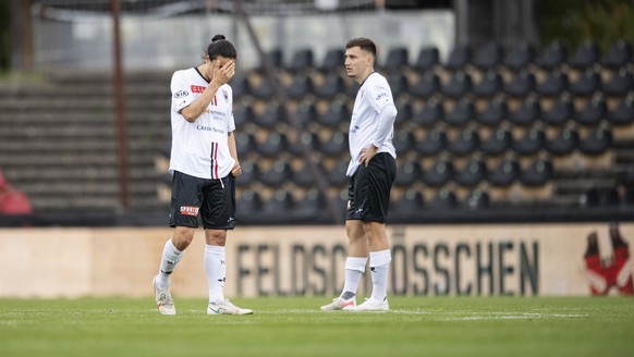 Aaraus Mickael Almeida blickt enttaeuscht im Halbfinale des Schweizer Cup 2020/21 zwischen dem FC Aarau und dem FC Luzern im Stadion Bruegglifeld in Aarau, am Dienstag, 4. Mai 2021. (KEYSTONE/Ennio Le ...