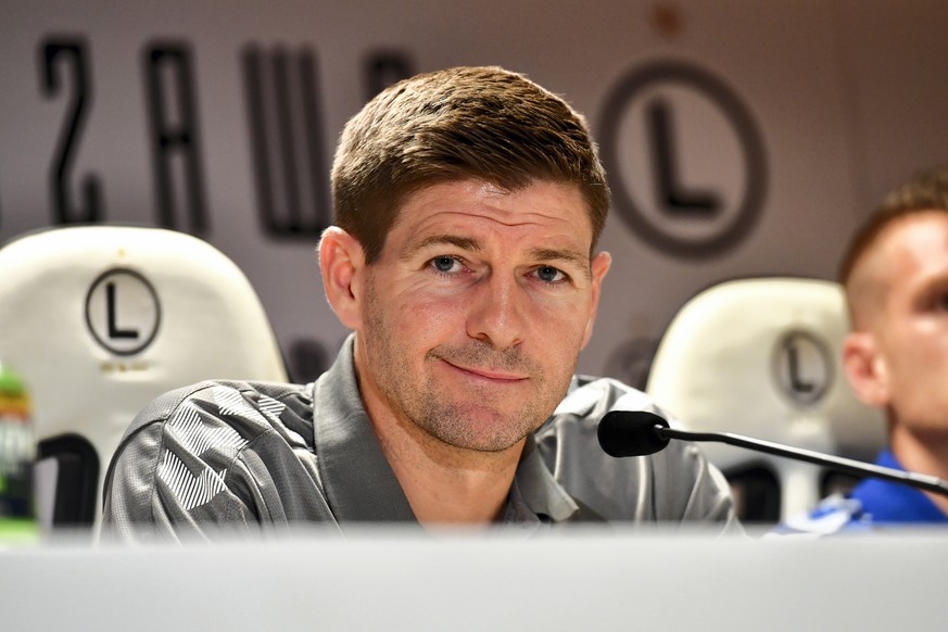 epa07784666 Rangers&#039; manager Steven Gerrard smiles during a press conference in Warsaw, Poland, 21 August 2019. Rangers FC will face Legia Warsaw in their UEFA Europa League playoff, first leg so ...