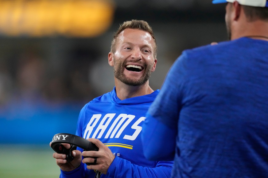 Los Angeles Rams head coach Sean McVay laughs along the sidelines during the second half of an NFL preseason football game against the Los Angeles Chargers Thursday, Aug. 27, 2026, in Inglewood, Calif ...