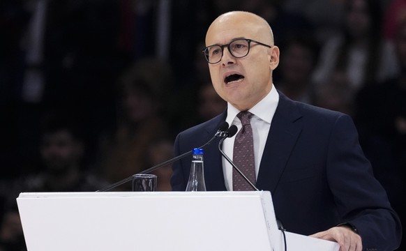 Outgoing Serbian Prime Minister Milos Vucevic speaks during a pre-election rally of his ruling Serbian Progressive Party in Belgrade, Serbia, Saturday, Dec. 2, 2023. Vucevic steps down as anti-corrupt ...