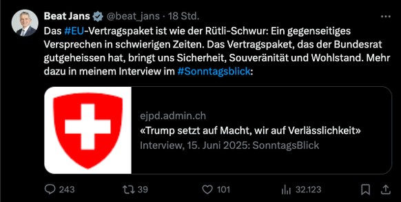 Beat Jans äusserte sich auf X zum Vertragspaket.