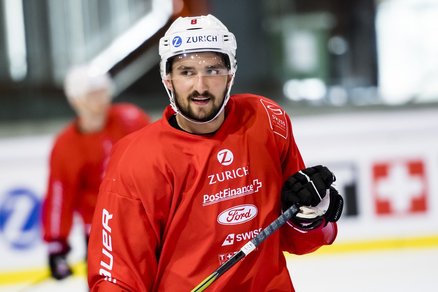 Switzerland&#039;s forward Vincent Praplan reacts during a training camp of Swiss national hockey team ahead the IIHF 2019 World Championship, at the ice stadium Les Vernets, in Geneva, Switzerland, W ...