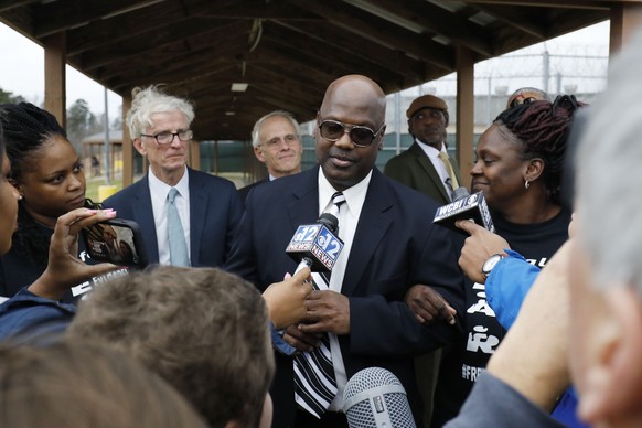 Curtis Flowers speaks with reporters as he exits the Winston-Choctaw Regional Correctional Facility in Louisville, Miss., Monday, Dec. 16, 2019. Flowers&#039; murder conviction was overturned by the U ...