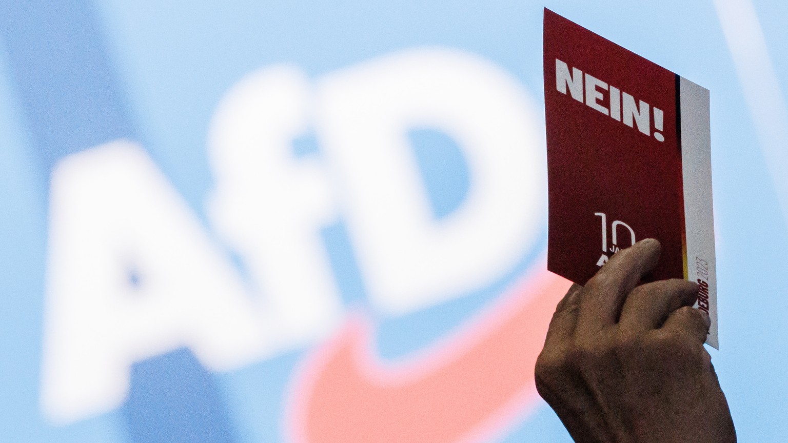 epa10773460 A delegate holds a voting card reading &#039;no&#039; during the Alternative for Germany (AfD) party convention in Magdeburg, Germany, 28 July 2023. The Alternative for Germany (AfD) 14th  ...