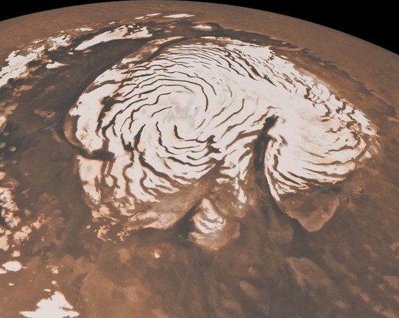 Das Bild zeigt den eisbedeckten Nordpol des Mars. Aufgenommen wurde es vom «Mars Global Surveyor» im Jahr 2014.&nbsp;