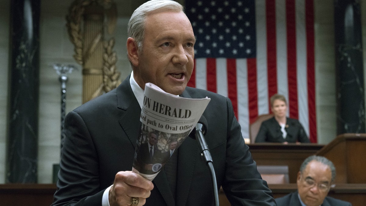 This image released by Netflix shows Kevin Spacey in a scene from "House Of Cards." Netflix says it's suspending production on "House of Cards" following harassment allegation ...