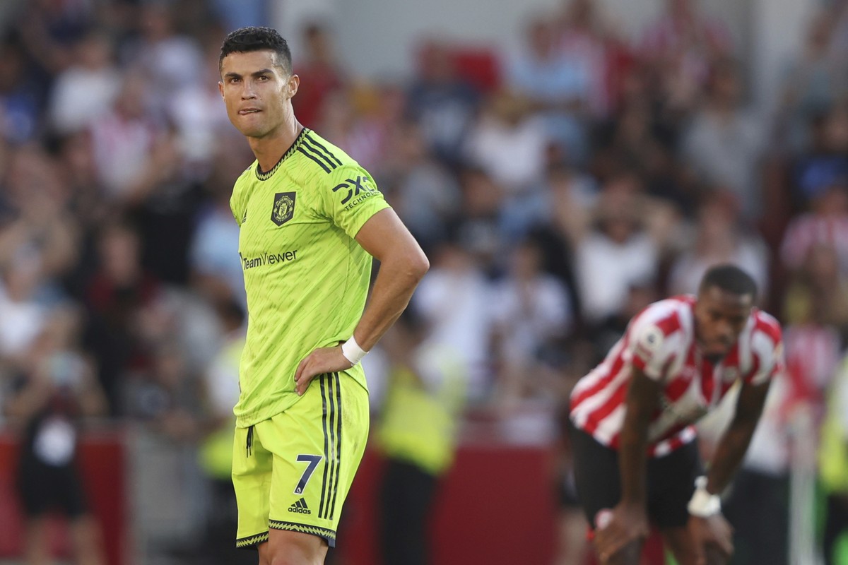 Manchester United's Cristiano Ronaldo looks round after the end of the English Premier League soccer match between Brentford and Manchester United at the Gtech Community Stadium in London, Saturd ...