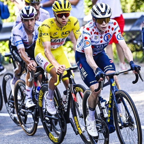 Belgian Remco Evenepoel of Soudal Quick-Step, Slovenian Tadej Pogacar of UAE Team Emirates, Danish Jonas Vingegaard of Team Visma-Lease a Bike and US Matteo Jorgenson of Team Visma-Lease a Bike pictur ...