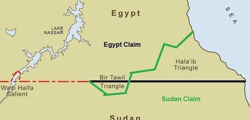 Das Hala'ib-Dreieck wird von beiden Staaten beansprucht, das Bir-Tawil-Dreieck von keinem.&nbsp;