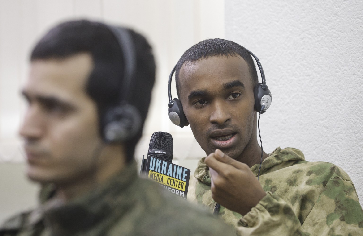 epa11222417 Adil Abdullahi, a fighter from Somalia who was captured by Ukrainian troops after fighting in a war zone, attends a press conference in Kyiv, Ukraine, on March 15, 2024, amid the Russian invasion.  ...
