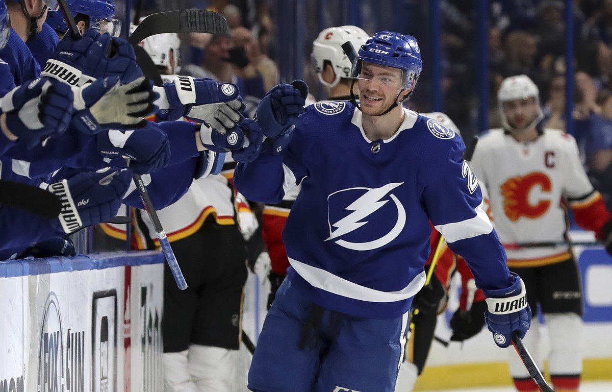 Tampa Bay Lightning's Brayden Point celebrates his goal against the Calgary Flames during the first period of an NHL hockey game Tuesday, Feb. 12, 2019, in Tampa, Fla. (AP Photo/Mike Carlson)