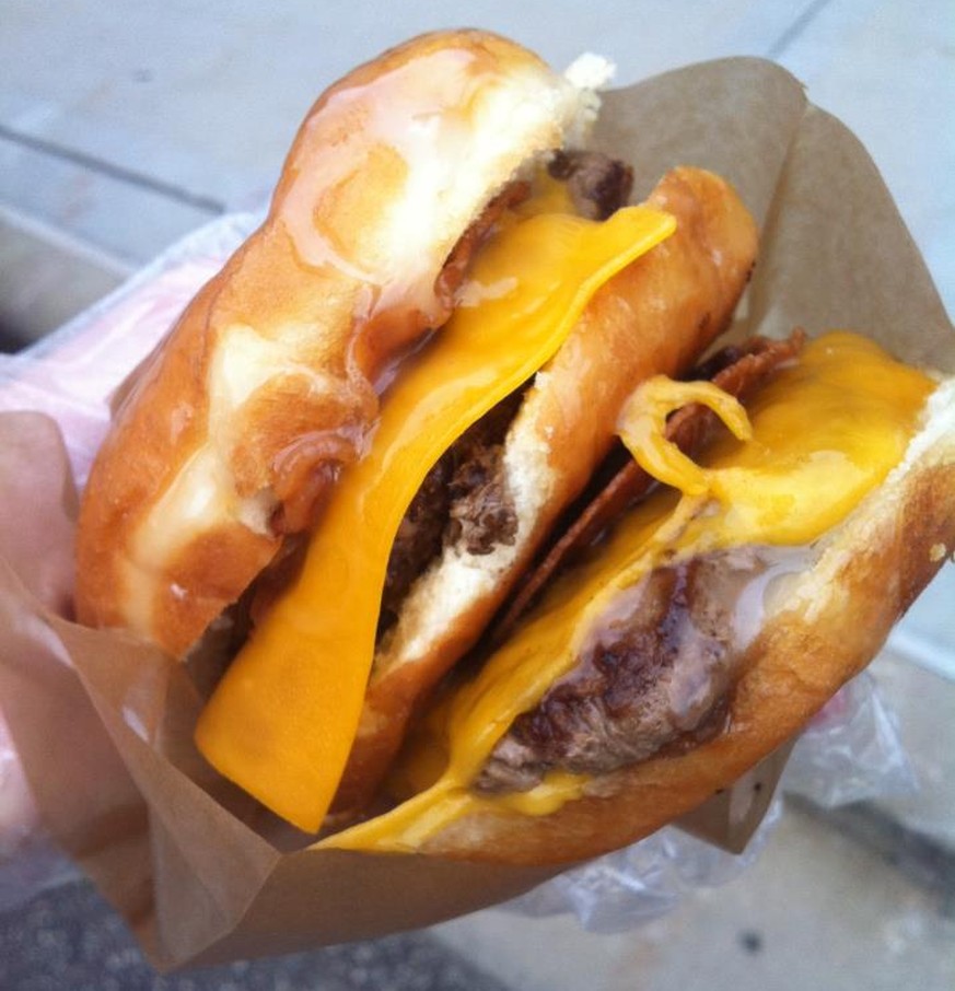 Minneapolis: Eli&#039;s Donut Burgers
Donut Burger with Bacon &amp; Cheese

The motto of this food truck that serves burgers on doughnuts is “Unapologetically bad for you…but oh so good!” Sides includ ...