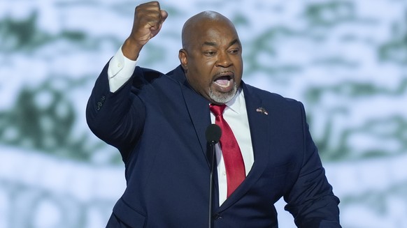 Lt. Gov. Mark Robinson, R-NC., speaking on the first day of the Republican National Convention, Monday, July 15, 2024, in Milwaukee. (AP Photo/J. Scott Applewhite)
