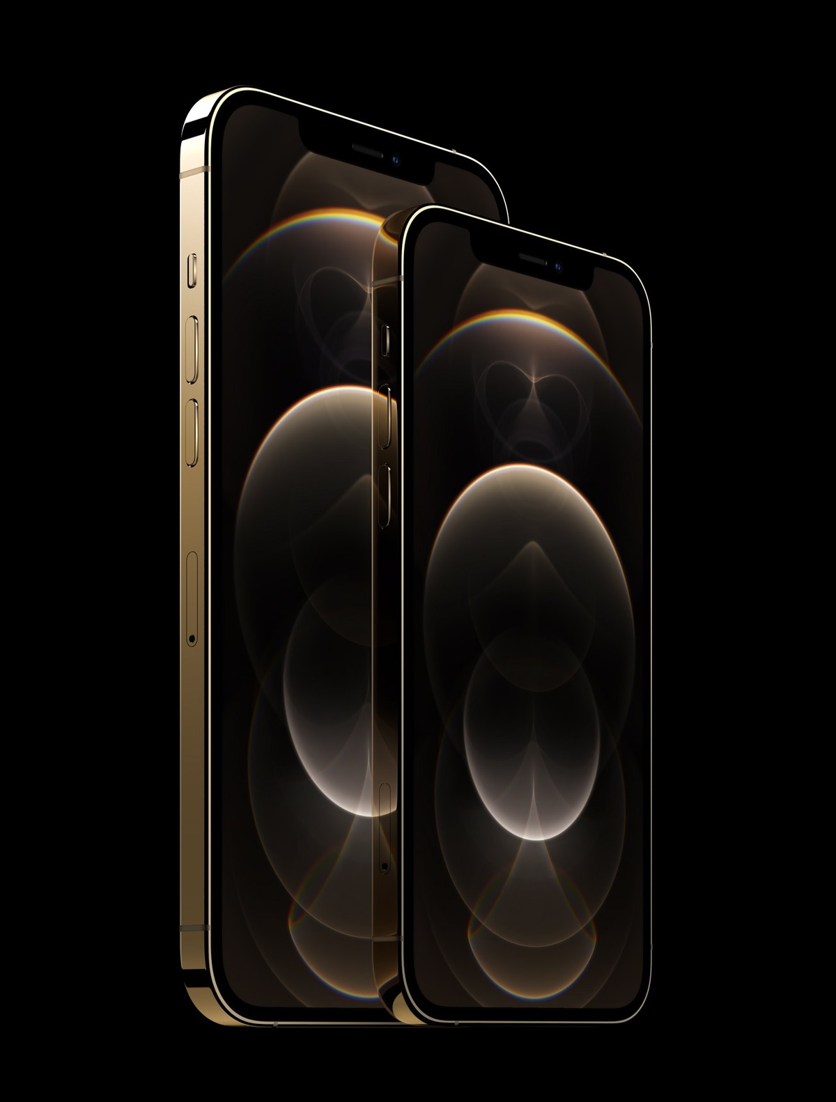 epa08741493 Handout image released by Apple showing the new 6.1-inch (15.5 cm) Apple iPhone 12 Pro (R) and the 6.7-inch (17 cm) iPhone 12 Pro Max (L), introduced during a special event at Apple Park i ...