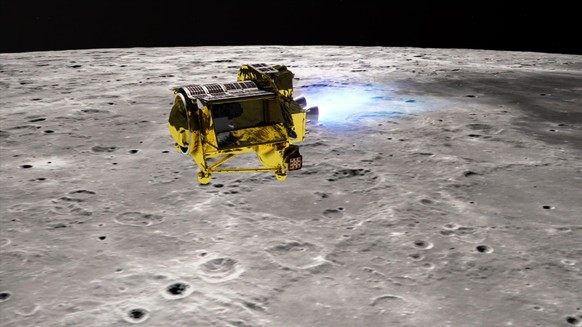 epa11090443 An undated handout image made available by the Japan Aerospace Exploration Agency (JAXA) on 20 January 2024 shows an artist illustration of the SLIM (Smart Lander for Investigating Moon) c ...
