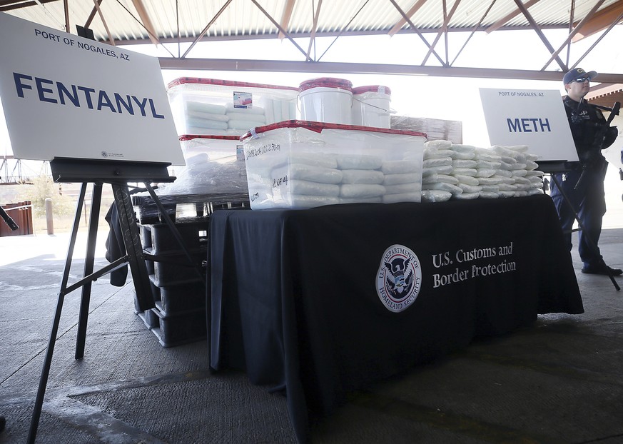 A display of the fentanyl and meth that was seized by Customs and Border Protection officers over the weekend at the Nogales Port of Entry is shown during a press conference on Thursday, Jan. 31, 2019 ...