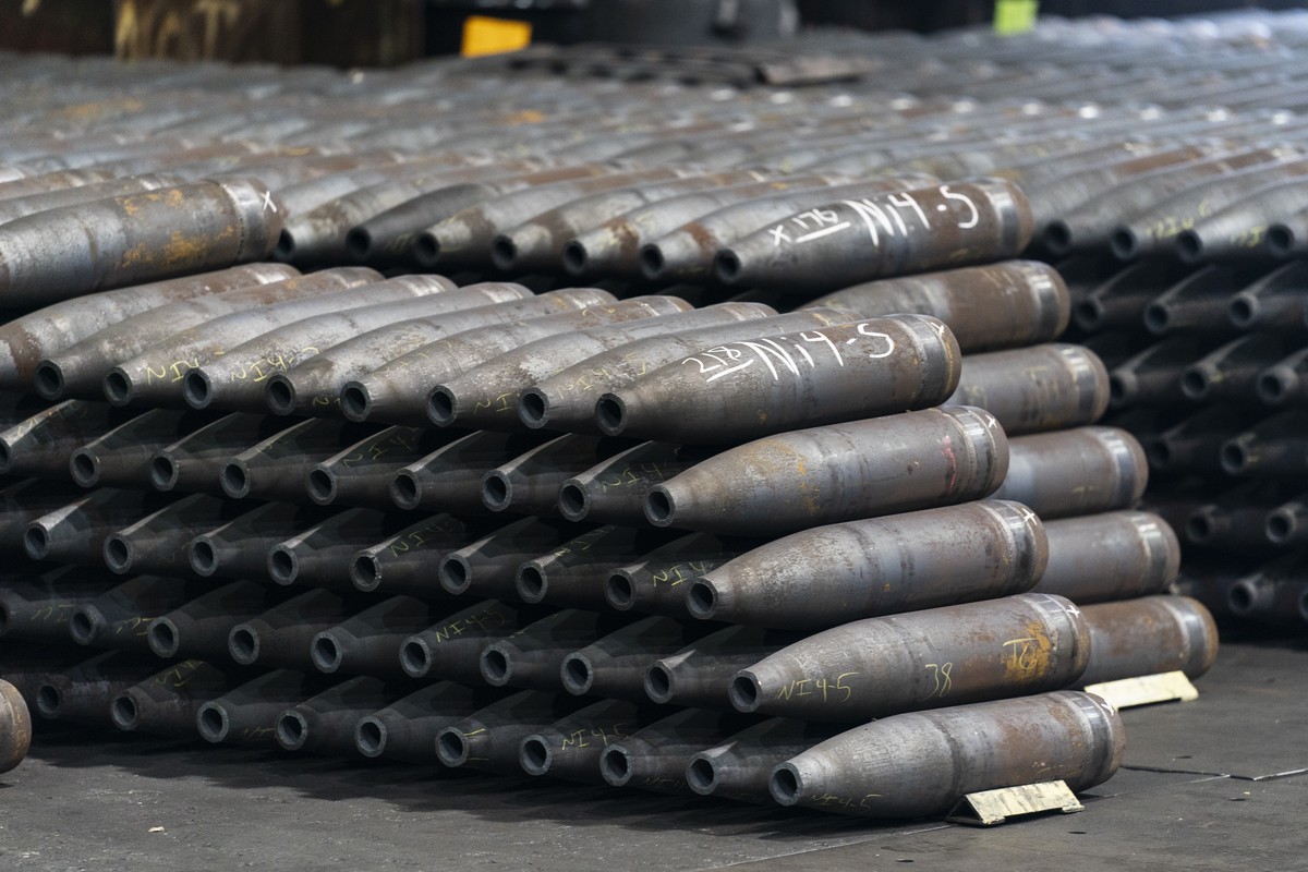 FILE - 155 mm M795 artillery projectiles are stacked during manufacturing process at the Scranton Army Ammunition Plant in Scranton, Pa., Thursday, April 13, 2023. The Pentagon could get weapons movin ...