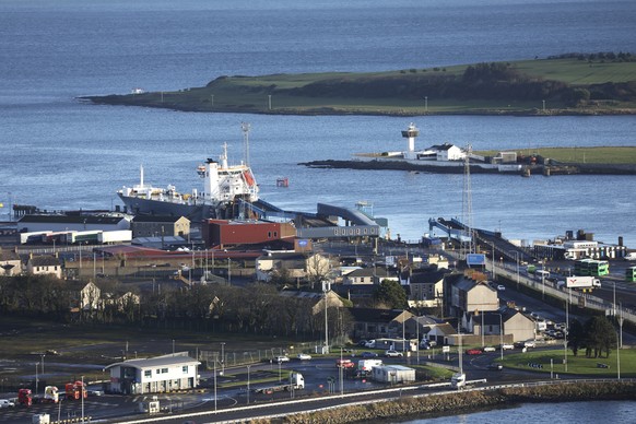 FILE - In this Saturday, Dec. 12, 2020 file photo, the P&amp;O ferry port of Larne, Northern Ireland, situated north of Belfast handling freight and travel for the two hour crossing of the Irish Sea b ...