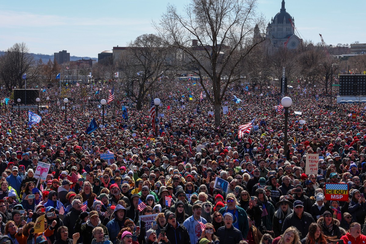 Tens of thousands of protesters chant outside the Minnesota State Capitol during the "No Kings" march in St. Paul, Minn., on Saturday, March 28, 2026. (Ellen Schmidt/MinnPost via AP)
No King ...